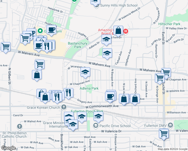 map of restaurants, bars, coffee shops, grocery stores, and more near 413 North Diana Place in Fullerton
