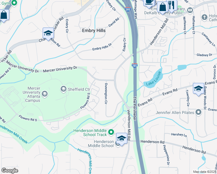 map of restaurants, bars, coffee shops, grocery stores, and more near 2947 Dunnington Circle in Atlanta