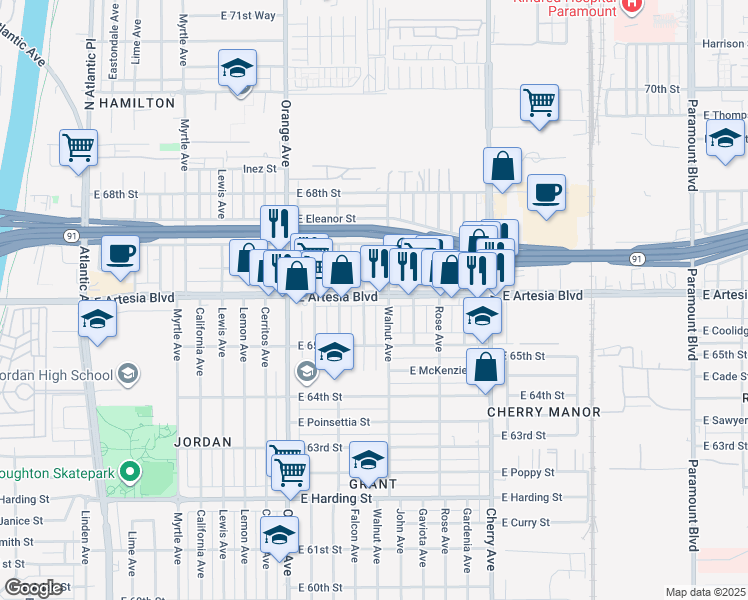 map of restaurants, bars, coffee shops, grocery stores, and more near 1518 East Artesia Boulevard in Long Beach