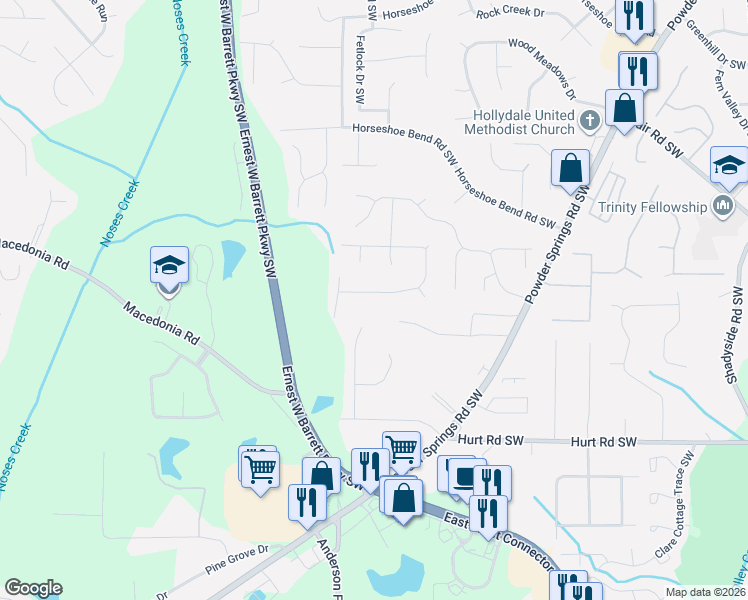 map of restaurants, bars, coffee shops, grocery stores, and more near 2637 Foxglove Drive Southwest in Marietta