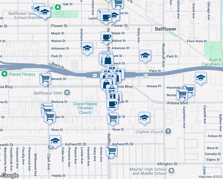 map of restaurants, bars, coffee shops, grocery stores, and more near 17404 Bellflower Boulevard in Bellflower