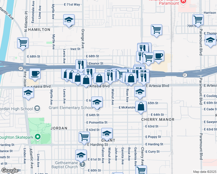 map of restaurants, bars, coffee shops, grocery stores, and more near 1518 East Artesia Boulevard in Long Beach