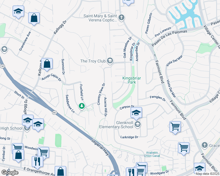 map of restaurants, bars, coffee shops, grocery stores, and more near 6001 Brookmont Drive in Yorba Linda