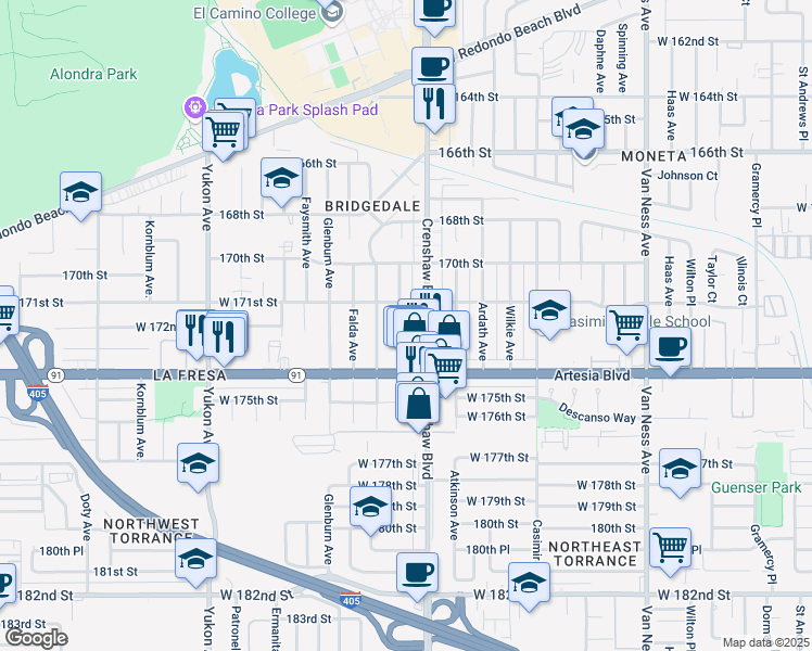 map of restaurants, bars, coffee shops, grocery stores, and more near 17208 Delia Avenue in Torrance