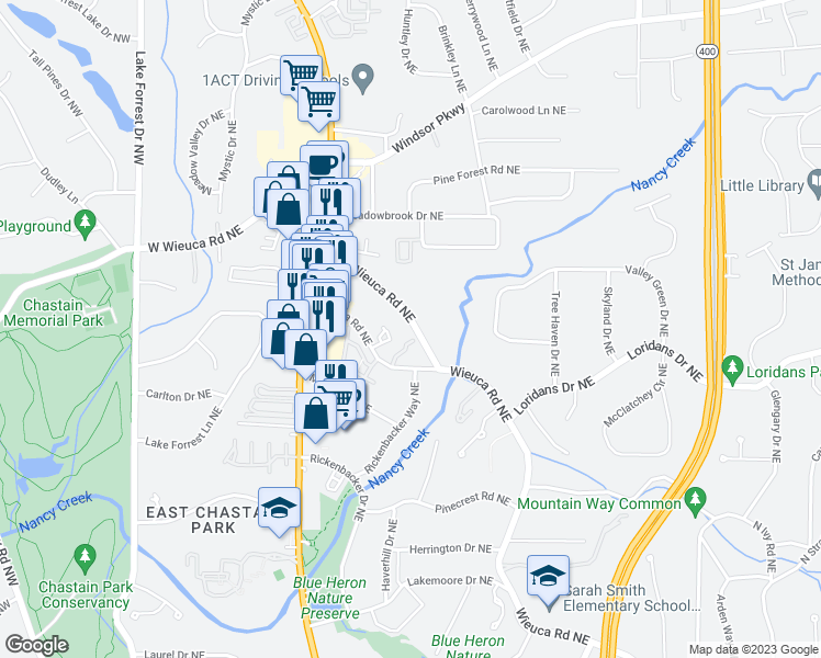 map of restaurants, bars, coffee shops, grocery stores, and more near 337 West Wieuca Road Northeast in Atlanta