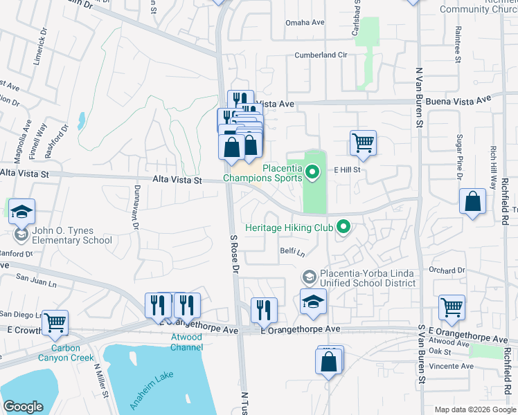 map of restaurants, bars, coffee shops, grocery stores, and more near 1273 Providence Loop in Placentia