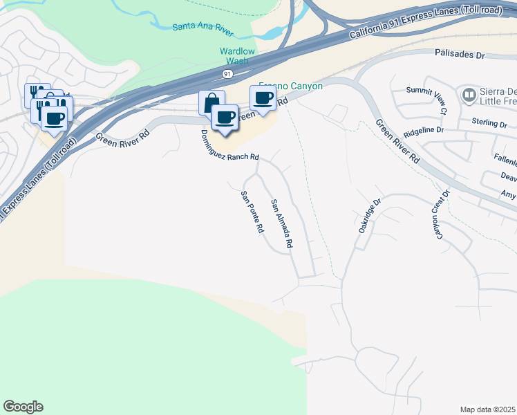map of restaurants, bars, coffee shops, grocery stores, and more near 1501 San Ponte Road in Corona