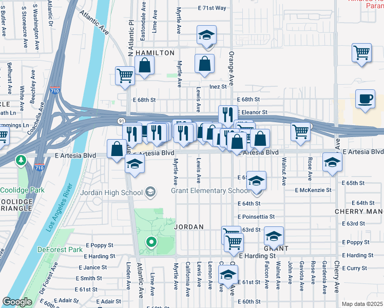 map of restaurants, bars, coffee shops, grocery stores, and more near 1001 East Artesia Boulevard in Long Beach