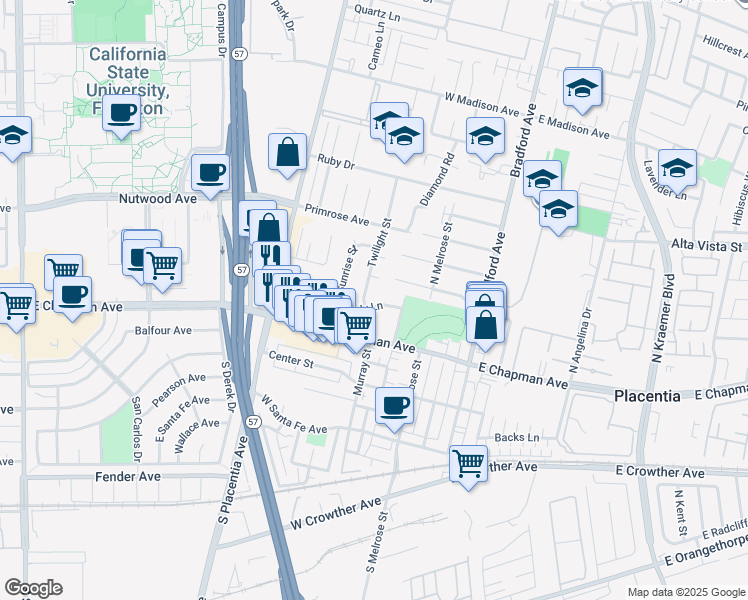 map of restaurants, bars, coffee shops, grocery stores, and more near 509 Melody Lane in Placentia