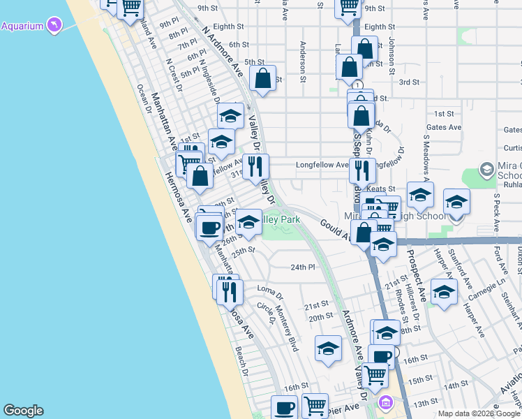 map of restaurants, bars, coffee shops, grocery stores, and more near 441 Gould Avenue in Hermosa Beach