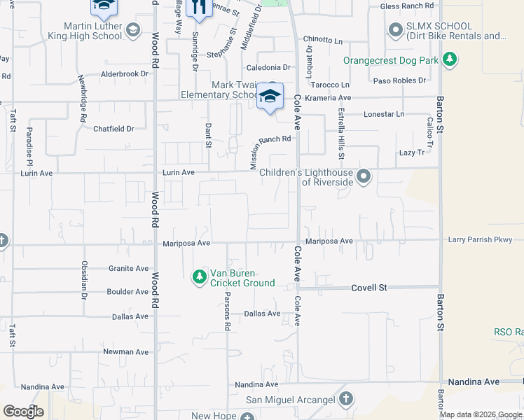 map of restaurants, bars, coffee shops, grocery stores, and more near 19351 Lurin Avenue in Riverside