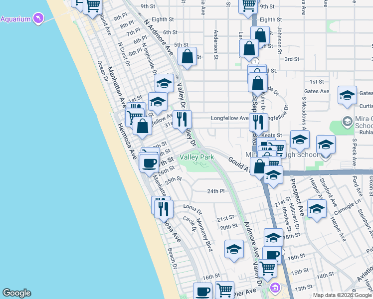 map of restaurants, bars, coffee shops, grocery stores, and more near 441 Gould Avenue in Hermosa Beach