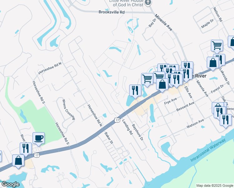 map of restaurants, bars, coffee shops, grocery stores, and more near 101 Zostera Drive in Little River