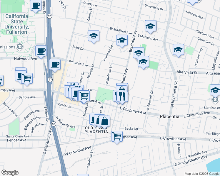 map of restaurants, bars, coffee shops, grocery stores, and more near 140 Wilson Avenue in Placentia