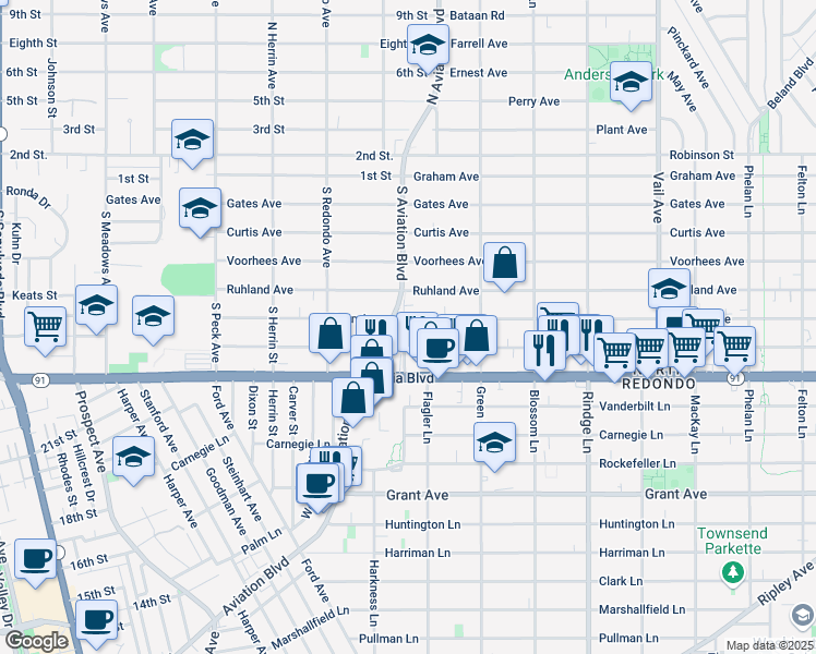 map of restaurants, bars, coffee shops, grocery stores, and more near 2108a Aviation Way in Redondo Beach