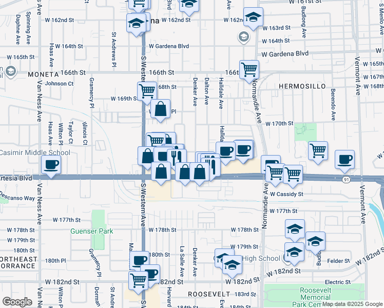 map of restaurants, bars, coffee shops, grocery stores, and more near 17305 Denker Avenue in Gardena