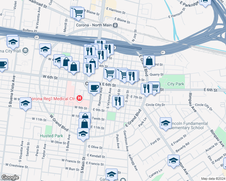 map of restaurants, bars, coffee shops, grocery stores, and more near 615 South Victoria Avenue in Corona