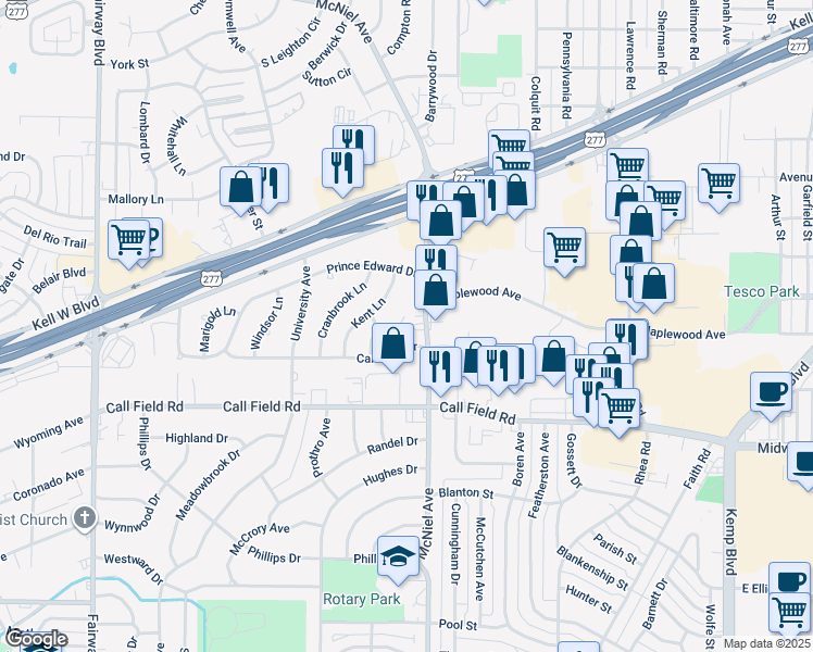 map of restaurants, bars, coffee shops, grocery stores, and more near 3 Mayfair Terrace in Wichita Falls