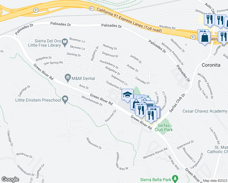map of restaurants, bars, coffee shops, grocery stores, and more near 3160 Castelar Court in Corona