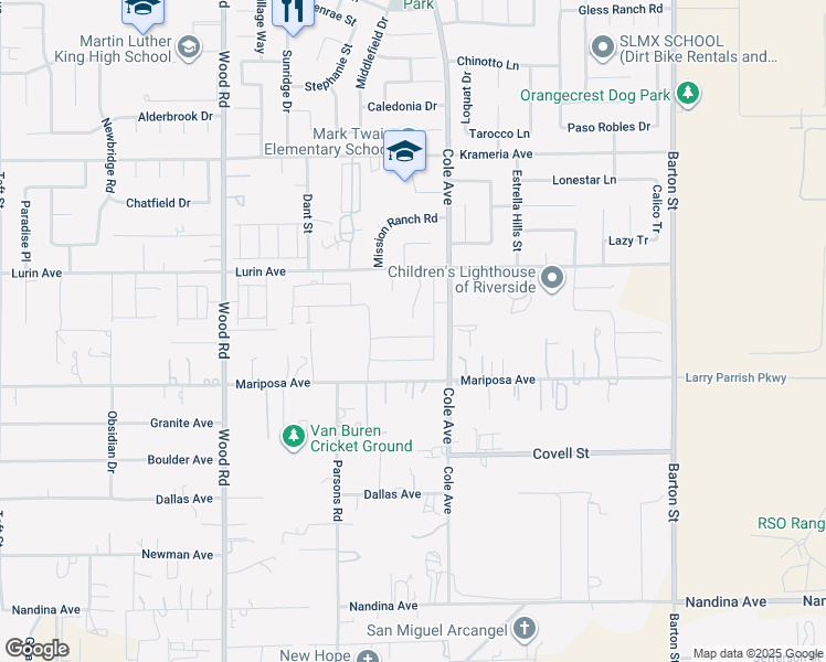 map of restaurants, bars, coffee shops, grocery stores, and more near 9650 Babaco Street in Riverside