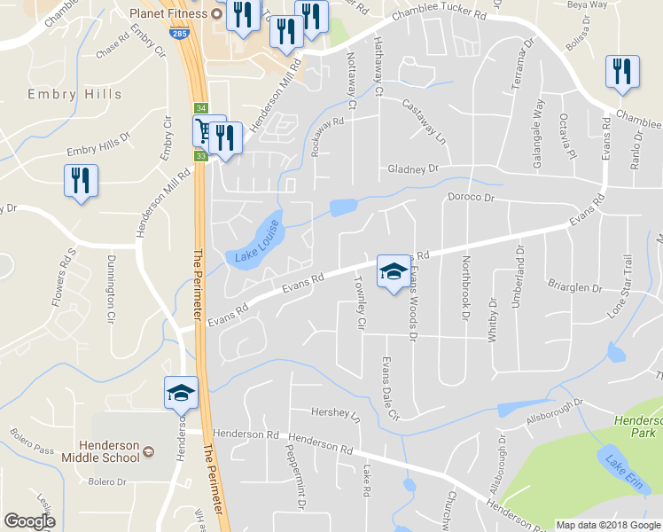 map of restaurants, bars, coffee shops, grocery stores, and more near 2966 Huntshire Place in Doraville