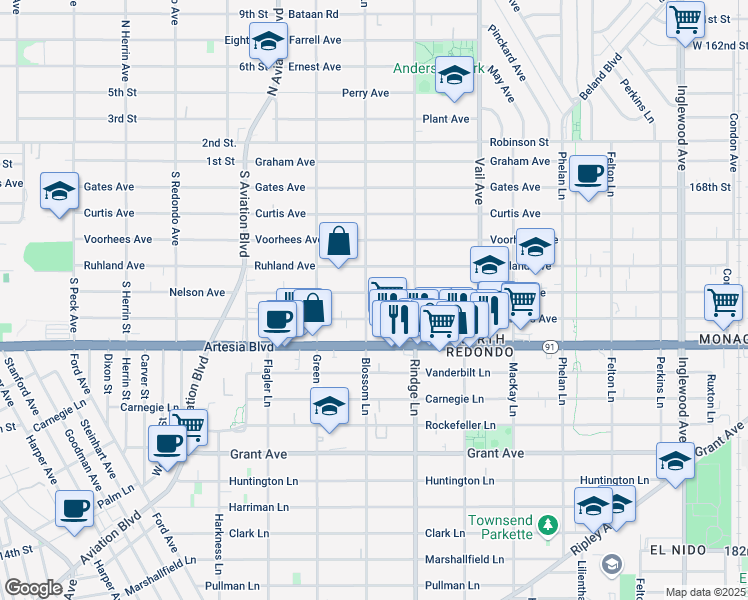 map of restaurants, bars, coffee shops, grocery stores, and more near 2108 Nelson Avenue in Redondo Beach