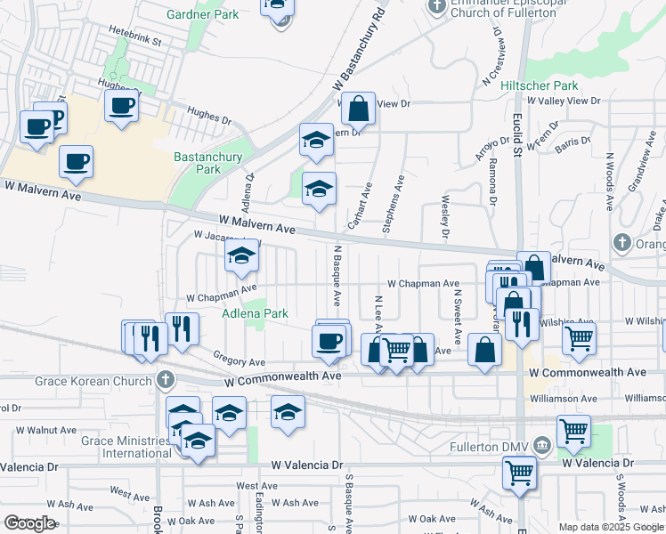 map of restaurants, bars, coffee shops, grocery stores, and more near 413 North Basque Avenue in Fullerton