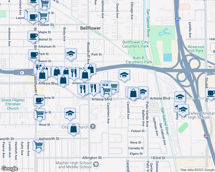 map of restaurants, bars, coffee shops, grocery stores, and more near 10314 Hacienda Street in Bellflower