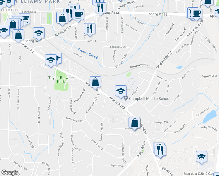 map of restaurants, bars, coffee shops, grocery stores, and more near 1528 Paces Ferry North Drive Southeast in Smyrna