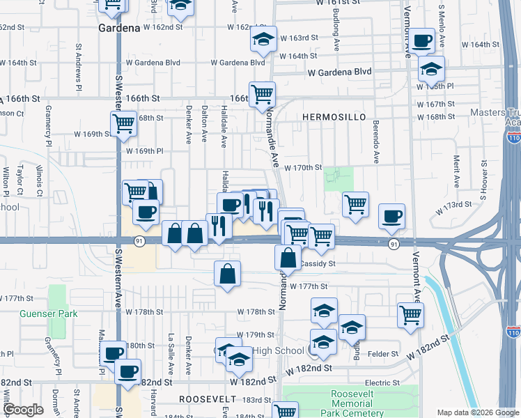 map of restaurants, bars, coffee shops, grocery stores, and more near 1419 West 173rd Street in Gardena