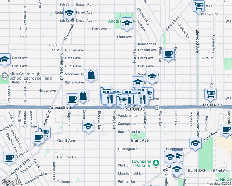 map of restaurants, bars, coffee shops, grocery stores, and more near 2202 Nelson Avenue in Redondo Beach
