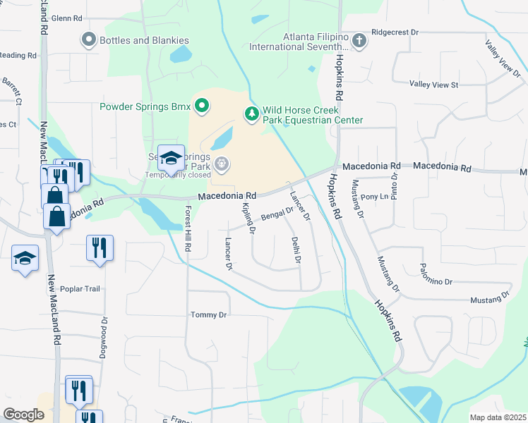 map of restaurants, bars, coffee shops, grocery stores, and more near 3762 Bengal Drive in Powder Springs