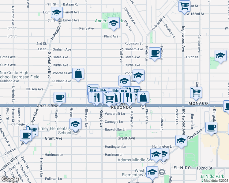 map of restaurants, bars, coffee shops, grocery stores, and more near 2220 Nelson Avenue in Redondo Beach
