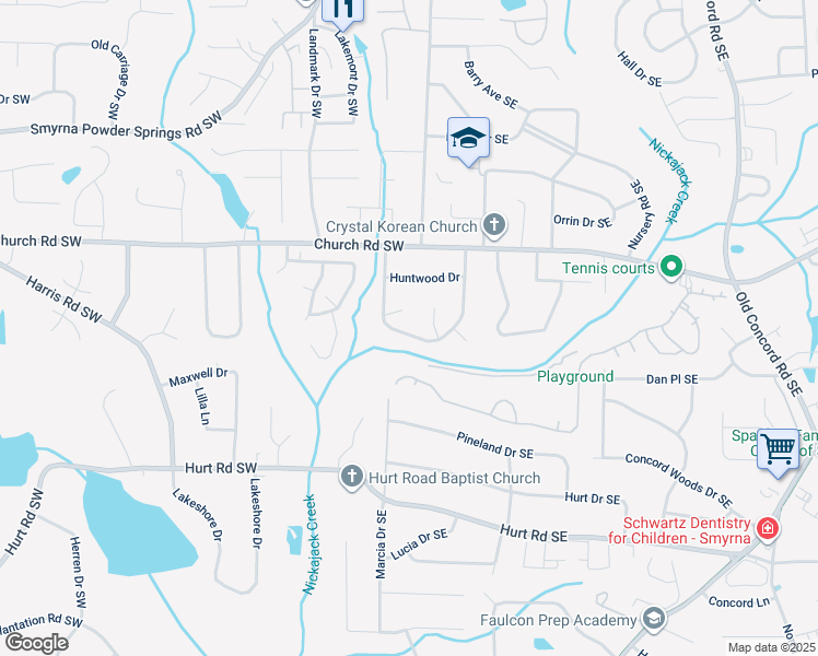 map of restaurants, bars, coffee shops, grocery stores, and more near 3235 Foxwood Trail Southeast in Smyrna