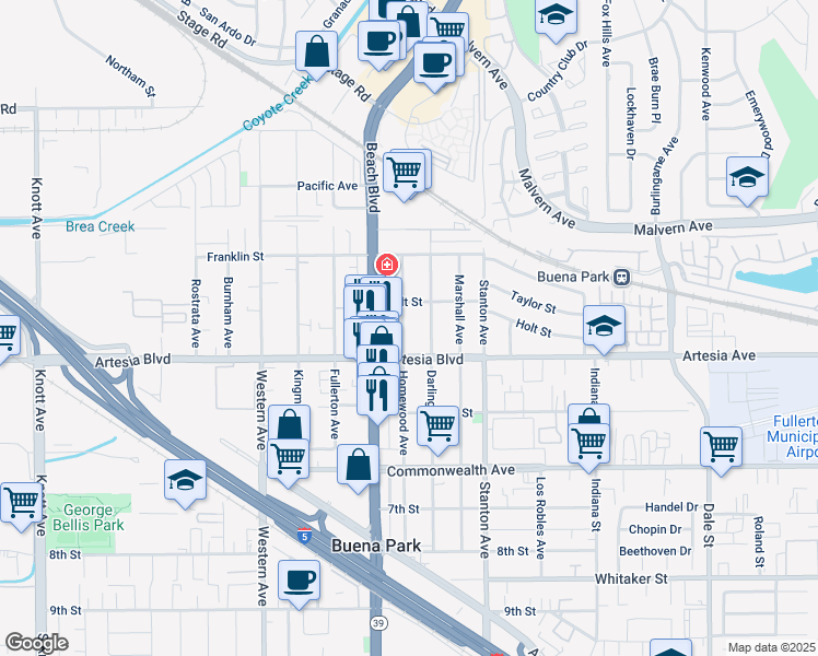 map of restaurants, bars, coffee shops, grocery stores, and more near 5912 Homewood Avenue in Buena Park
