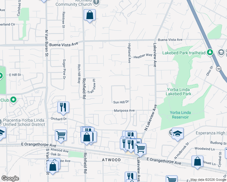 map of restaurants, bars, coffee shops, grocery stores, and more near 6032 Sun View Road in Yorba Linda