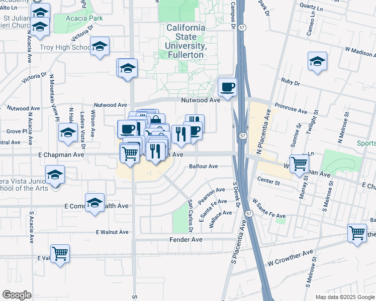 map of restaurants, bars, coffee shops, grocery stores, and more near 2585 East Chapman Avenue in Fullerton