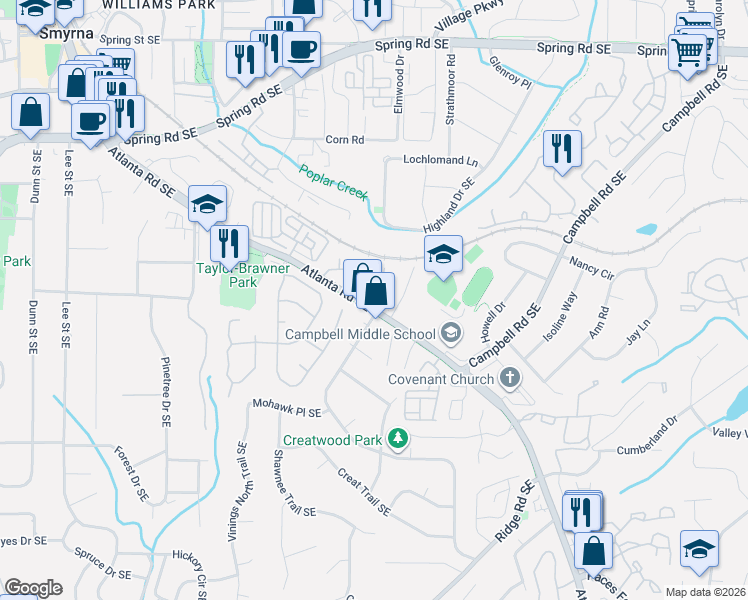 map of restaurants, bars, coffee shops, grocery stores, and more near 3255 Atlanta Road Southeast in Smyrna