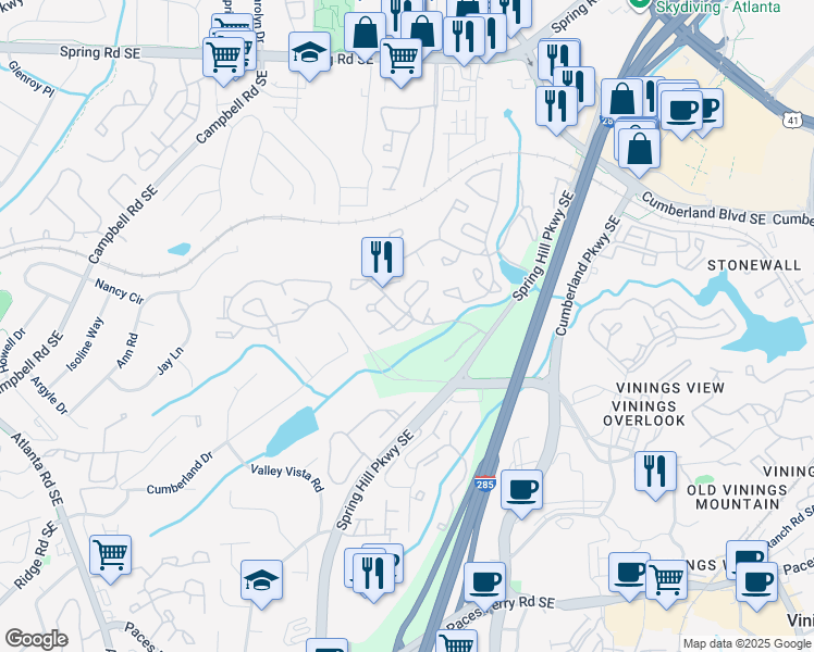 map of restaurants, bars, coffee shops, grocery stores, and more near 2210 Cumberland Court in Smyrna