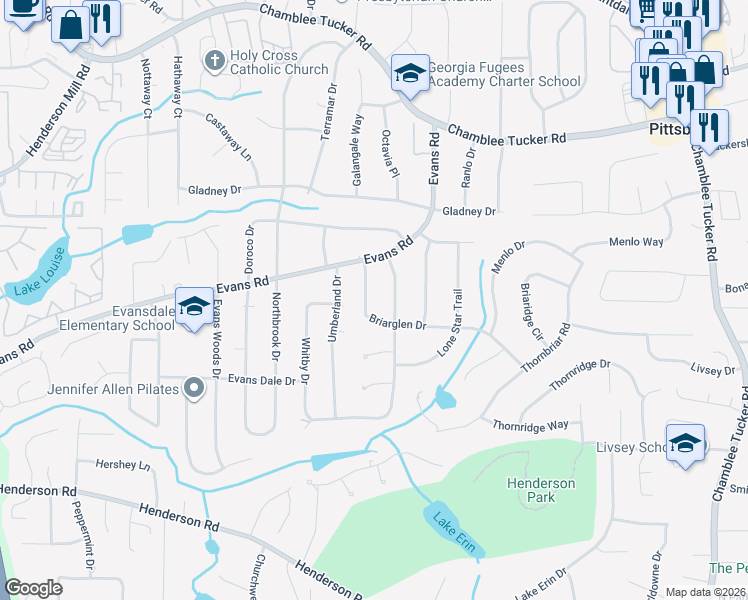 map of restaurants, bars, coffee shops, grocery stores, and more near 2953 Briarglen Drive in Atlanta