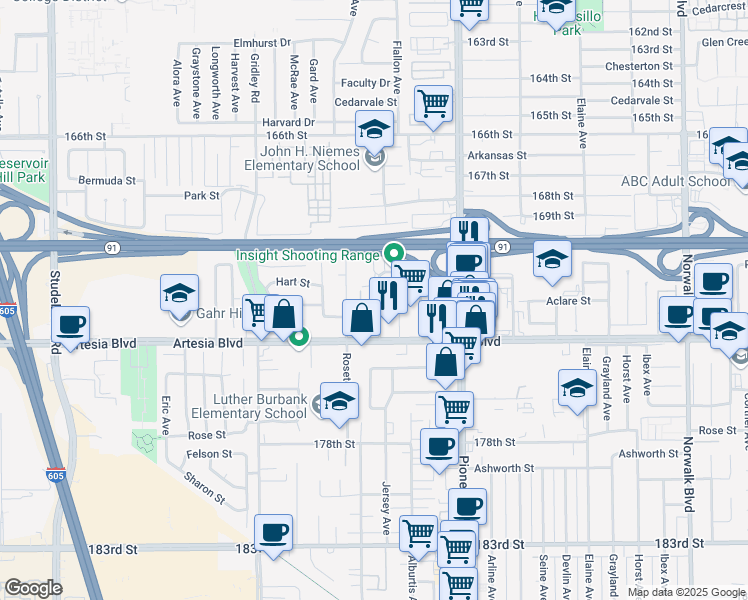 map of restaurants, bars, coffee shops, grocery stores, and more near 17215 Jersey Avenue in Artesia