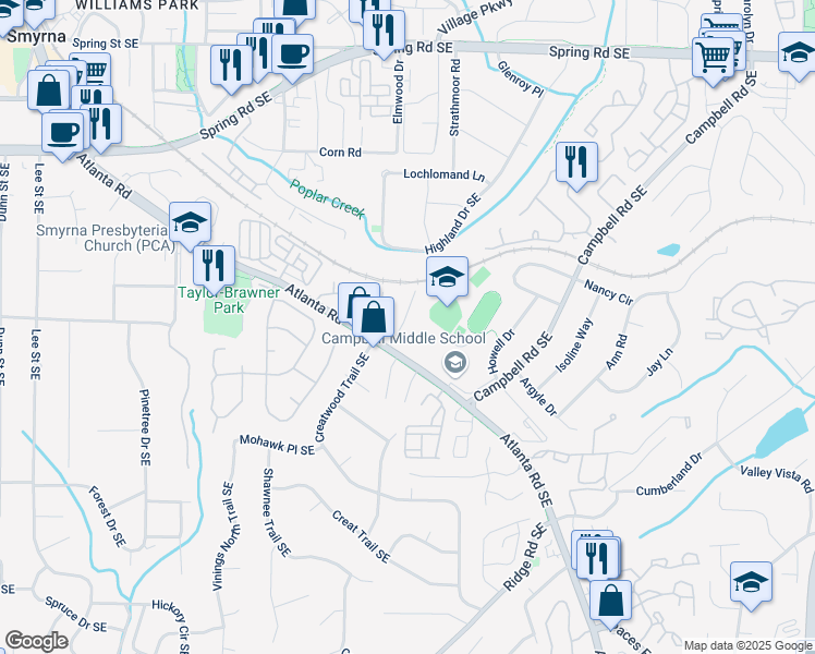 map of restaurants, bars, coffee shops, grocery stores, and more near 1530 Paces Ferry North Drive Southeast in Smyrna