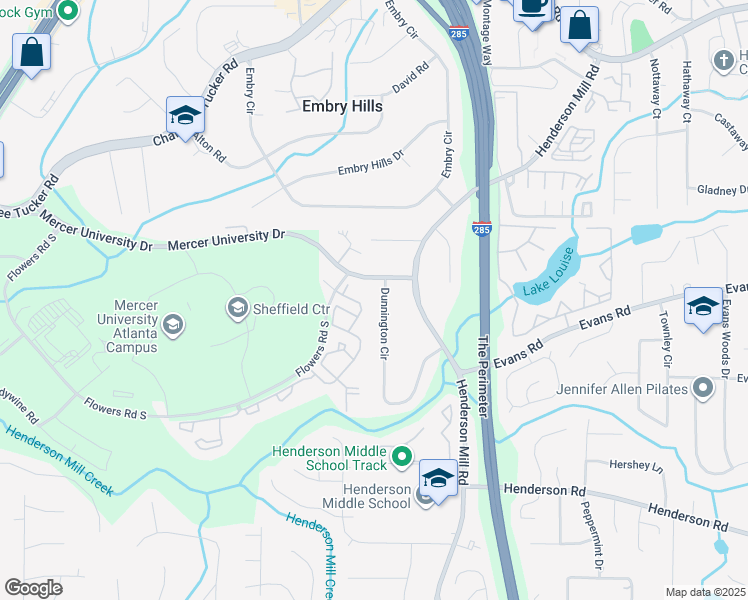 map of restaurants, bars, coffee shops, grocery stores, and more near 2950 Dunnington Cir in Atlanta