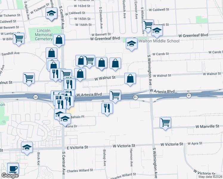 map of restaurants, bars, coffee shops, grocery stores, and more near 1121 West Artesia Boulevard in Compton