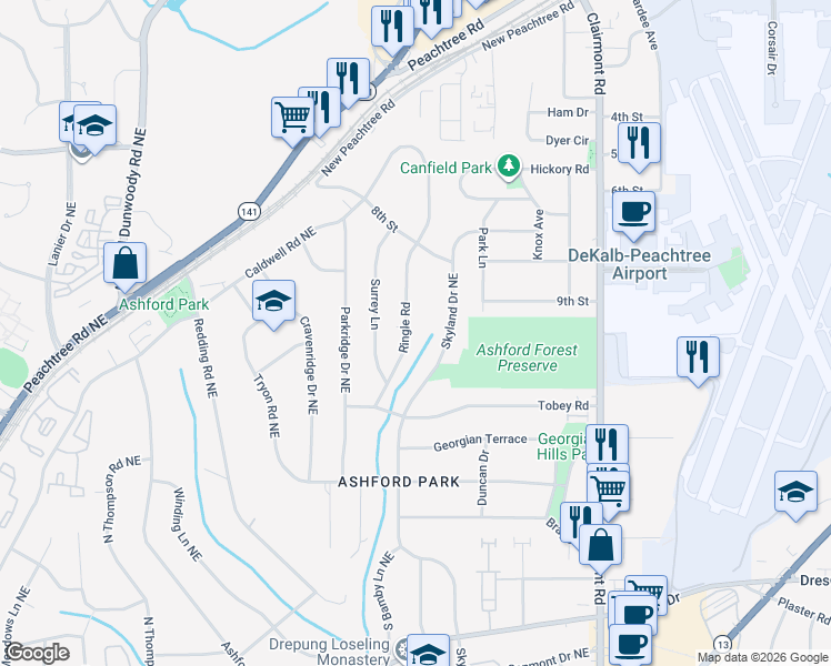 map of restaurants, bars, coffee shops, grocery stores, and more near 2949 Ringle Road in Chamblee