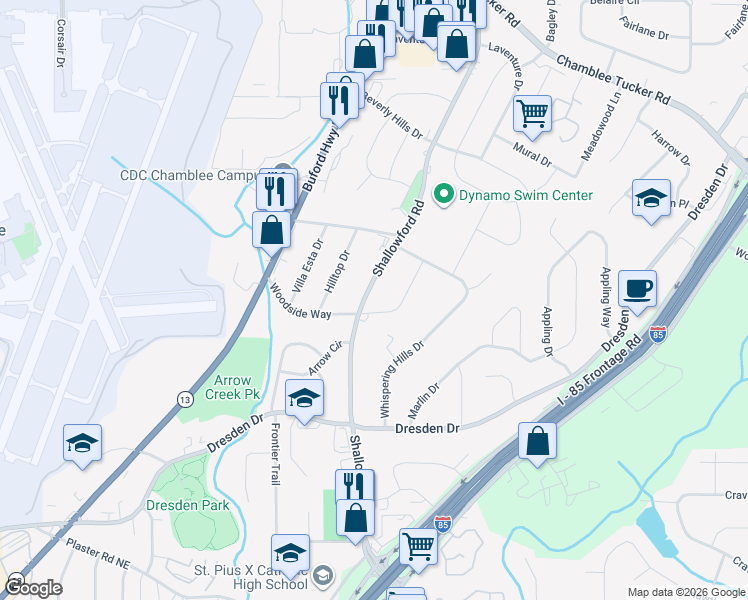 map of restaurants, bars, coffee shops, grocery stores, and more near 2959 Shallowford Road in Chamblee