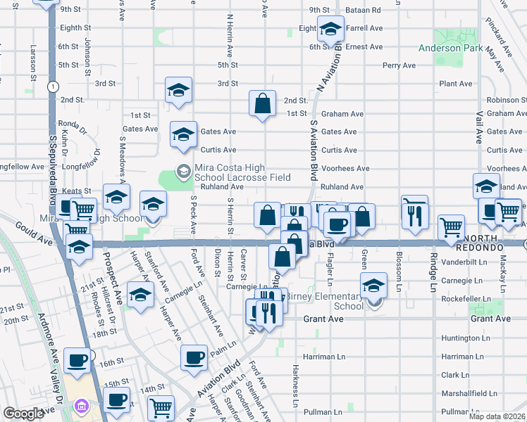 map of restaurants, bars, coffee shops, grocery stores, and more near 1656 Nelson Avenue in Manhattan Beach