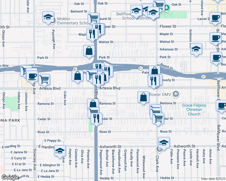 map of restaurants, bars, coffee shops, grocery stores, and more near 9068 Artesia Boulevard in Bellflower