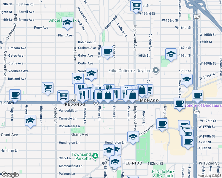 map of restaurants, bars, coffee shops, grocery stores, and more near 2518 Nelson Avenue in Redondo Beach