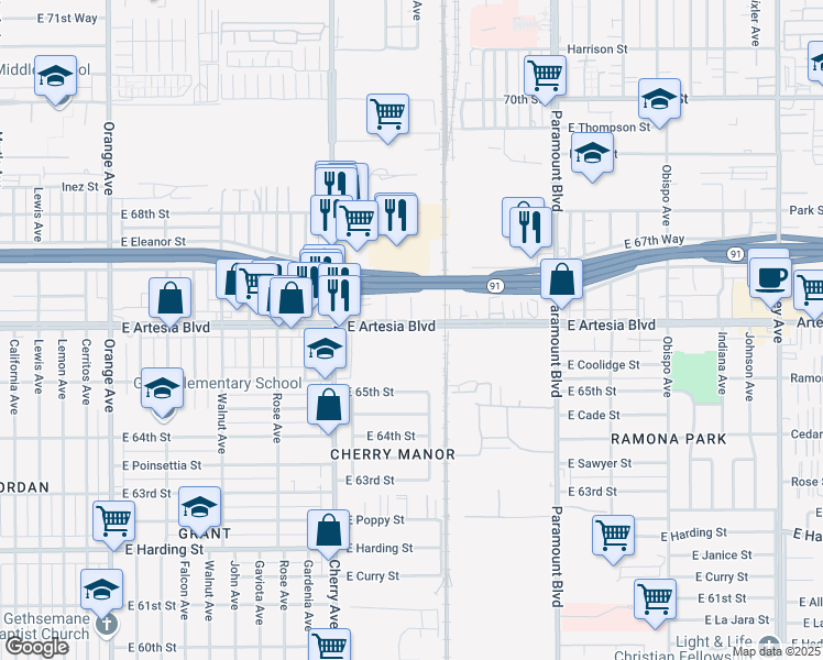 map of restaurants, bars, coffee shops, grocery stores, and more near 2250 East Artesia Boulevard in Long Beach
